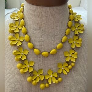 VTG J Crew Bold Yellow Enamel and Bead Floral Layered Necklace 19 3/4”-28”
